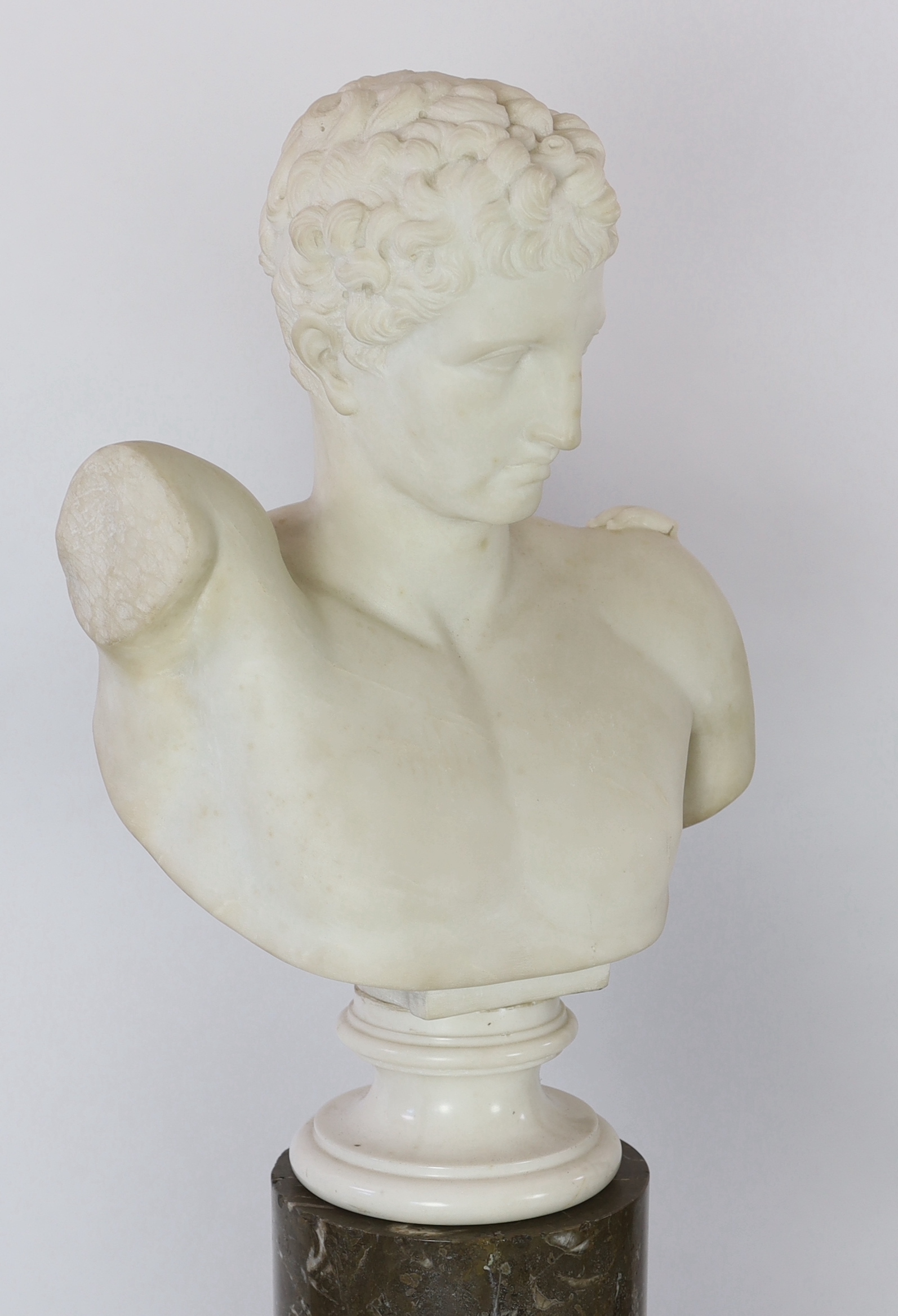 After the Antique. A pair of 19th century white marble busts of Apollo and Diana, Busts 57cm high, columns 121.5cm high